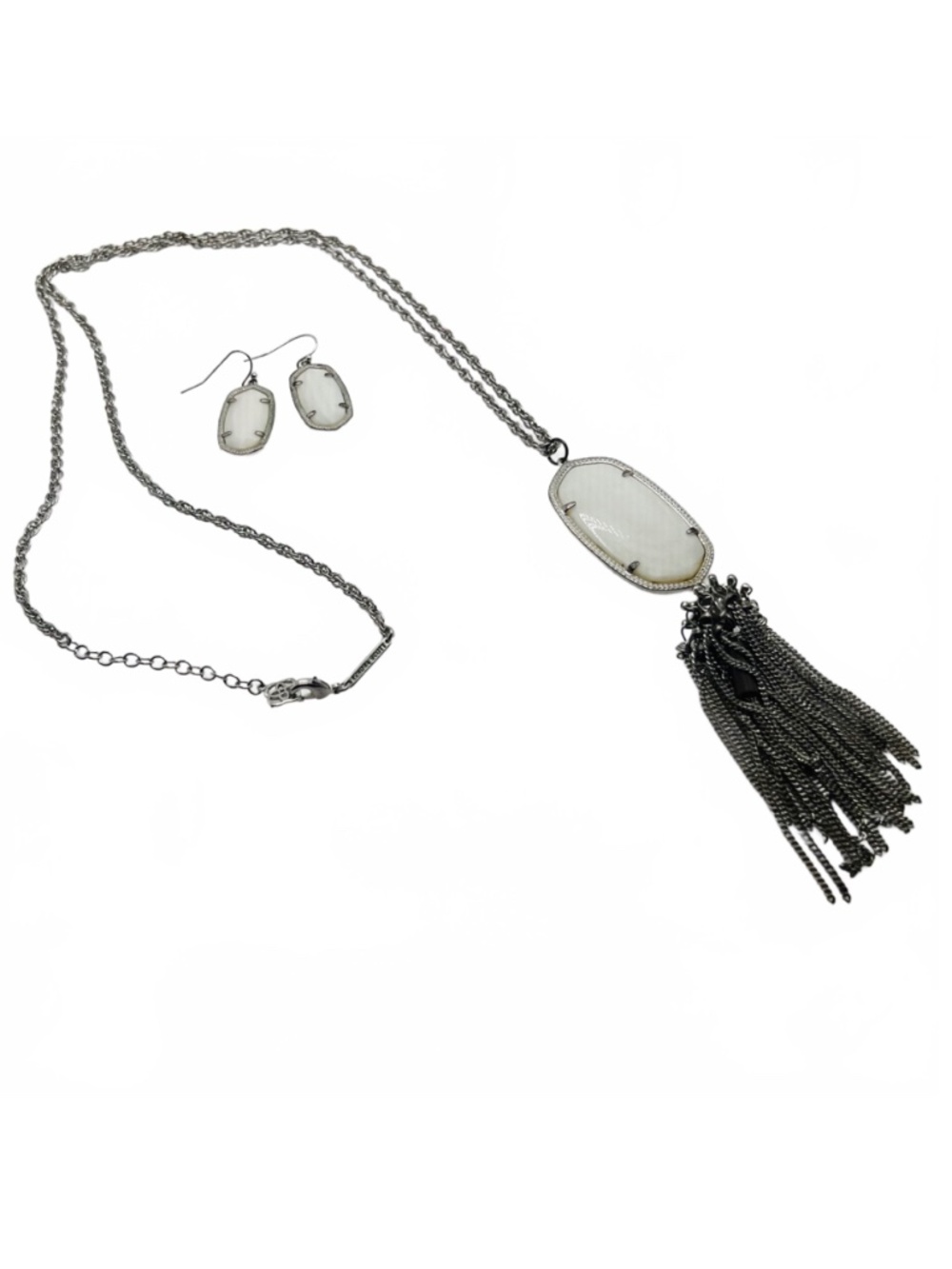 Kendra Scott Rayne Tassel Necklace & Matching Earrings, Silvertone & White